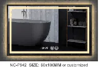 NC-F942 1.Installation: Wall-mounted, with 3 hooks 2.Input:110V-240V 3.LED light 4.Switch Type: touch switch 5. mirror: 4 mm CLEAR MIRROR +heating 6.CE Rhos Led driver,2 years guarrantee 7,packing:protection film+hard board cartons .5pcs/box